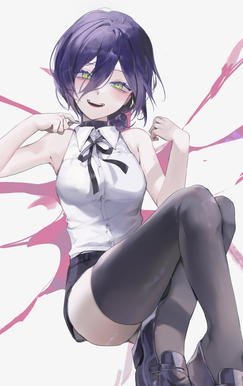 1girl absurdres bare_shoulders black_choker black_hair black_ribbon black_shoes black_shorts black_thighhighs blush chainsaw_man choker collared_shirt commentary feet_out_of_frame green_eyes hair_between_eyes hands_up highres knees_up long_hair_between_eyes looking_at_viewer neck_ribbon open_mouth reze_(chainsaw_man) ribbon shirt shoes short_hair short_shorts shorts sleeveless sleeveless_shirt thighhighs tokkieee_qian white_shirt zettai_ryouiki