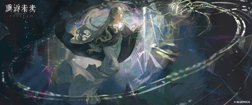 1girl absurdres bare_shoulders beryl_bouanich black_cloak blue_eyes cloak copyright_name copyright_notice crescent crescent_earrings dark_background dress earrings energy floating floating_earrings full_body grey_hair grey_shoes high_heels highres jewelry knee_up logo long_hair looking_up off-shoulder_dress off_shoulder official_art reverse:1999 shards shoes single_earring solo very_long_hair white_dress