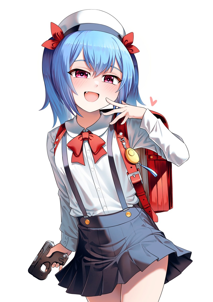 1girl :d absurdres alternate_costume bag black_skirt blue_hair blush breasts colphne_(girls&#039;_frontline_2) commentary english_commentary fang girls&#039;_frontline girls&#039;_frontline_2:_exilium gun hair_between_eyes half-closed_eyes handgun hat heart highres holding holding_gun holding_weapon long_sleeves medium_hair miniskirt open_mouth pink_eyes pleated_skirt red_eyes school_bag school_uniform senpaihawkkun shirt skirt small_breasts smile smug solo suspender_skirt suspenders taurus_curve weapon white_shirt