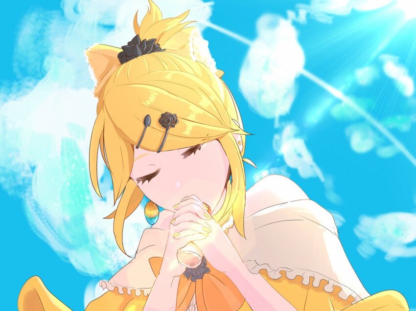 1girl akame_(akame0516) aku_no_musume_(vocaloid) anniversary bare_shoulders blonde_hair blue_sky bottle bow closed_eyes cloud diffraction_spikes dress dress_bow evillious_nendaiki from_below hair_bow hair_ornament hairclip high_ponytail holding holding_bottle interlocked_fingers kagamine_rin lens_flare message_in_a_bottle non-circular_lens_flare off-shoulder_dress off_shoulder orange_bow own_hands_clasped own_hands_together ponytail regret_message_(vocaloid) riliane_lucifen_d&#039;autriche sidelocks sky solo swept_bangs updo vocaloid yellow_bow yellow_dress yellow_nails