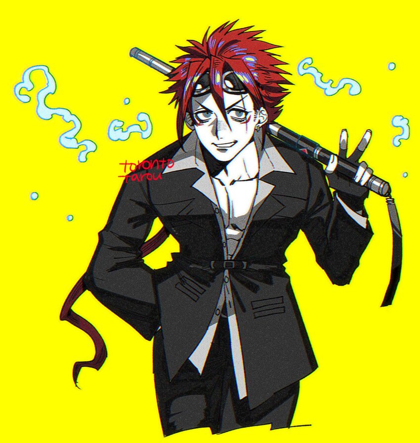 1boy baton_(weapon) black_suit earrings facial_mark final_fantasy final_fantasy_vii fingerless_gloves formal_clothes gloves goggles goggles_on_head highres holding_baton_(weapon) jacket jewelry low_ponytail male_focus open_collar over_shoulder ponytail red_hair reno_(ff7) shirt smile spiked_hair suit suit_jacket torontotarou turks_(ff7) weapon weapon_over_shoulder