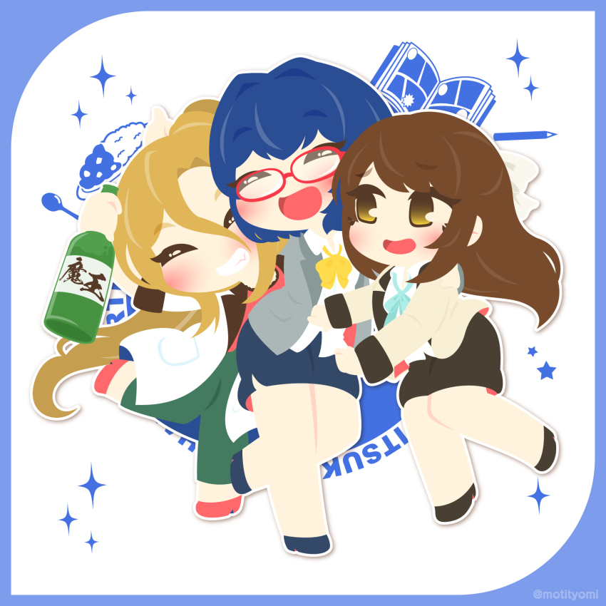 3girls battle_girl_high_school black_shoes black_skirt blue_border blue_bow blue_hair blue_shoes blush border bottle bow chibi chibi_only coat curry drunk food grey_jacket highres holding holding_bottle hug jacket manga_(object) mitsurugi_furan motyomi multiple_girls pencil red-framed_eyewear red_shoes sakaide_mari shoes skirt sparkle star_(symbol) white_coat yakumo_itsuki yellow_bow