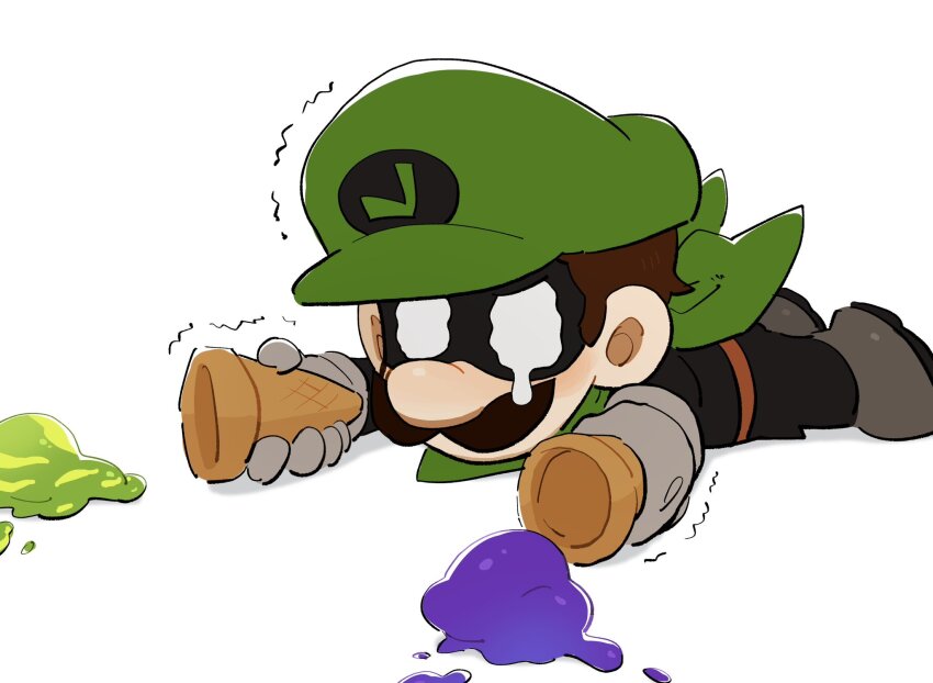 1boy brown_hair chibi dark_persona facial_hair food gloves hat highres ice_cream ice_cream_cone ice_cream_cone_spill luigi male_focus mario_(series) mimimi_(mimimim9999) mr._l mustache nintendo overalls paper_mario short_hair spill super_paper_mario white_gloves