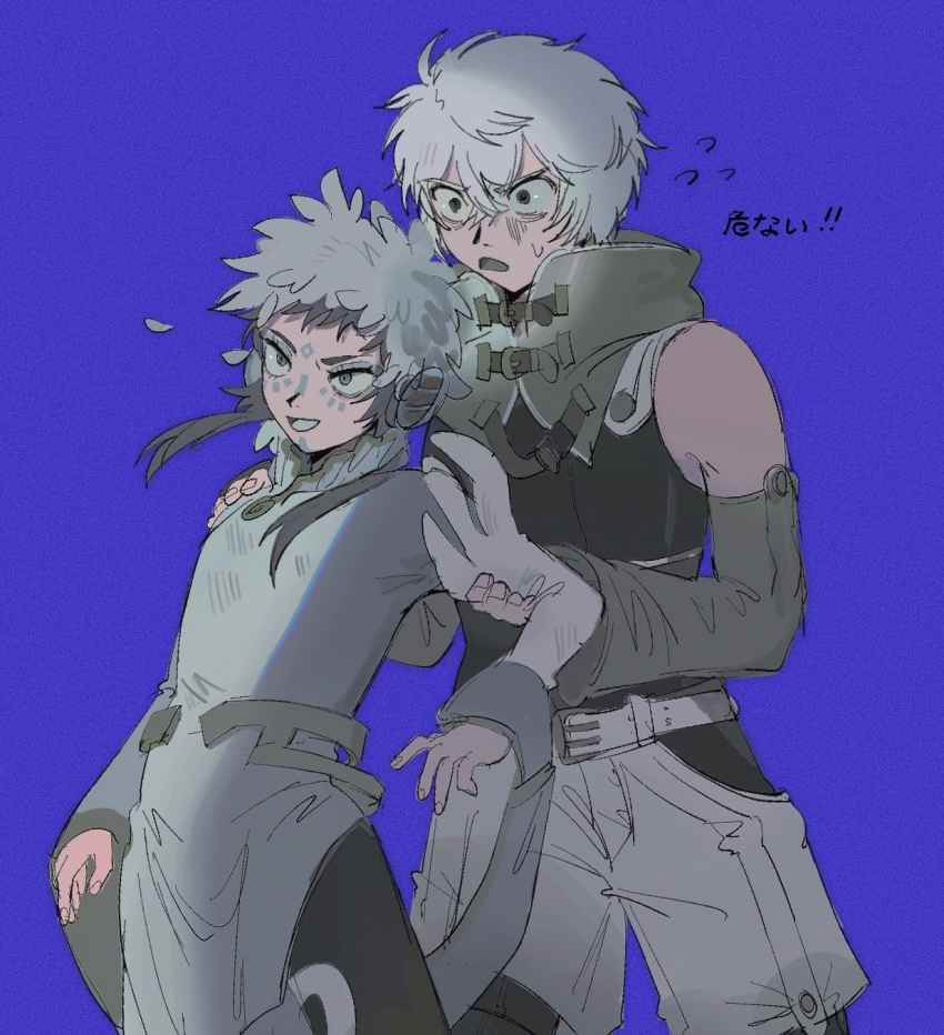 1boy 1other androgynous bags_under_eyes bare_shoulders blue_eyes detached_sleeves facepaint feathers fingerless_gloves gloves gnosia green_hair grey_eyes grey_hair hair_between_eyes highres hood long_sleeves looking_at_viewer male_focus other_focus purple_eyes raqio remnan_(gnosia) sema_(vivaviva_02) short_hair simple_background
