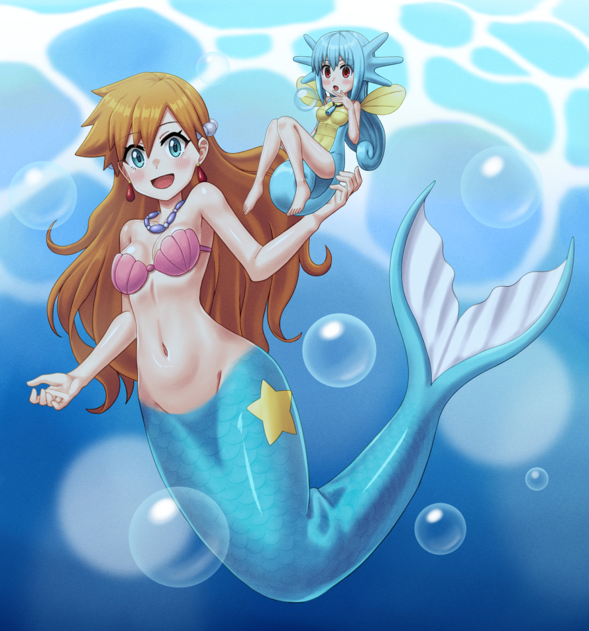 2girls :d air_bubble blonde_hair blush breasts bubble commentary_request earrings els_(ljhlee12) eyelashes gen_1_pokemon green_eyes highres horsea jewelry korean_commentary long_hair looking_at_viewer mermaid mermaid_misty_(pokemon) midriff misty_(pokemon) monster_girl multiple_girls navel necklace nintendo open_mouth personification pokemon pokemon_(anime) pokemon_(classic_anime) shell shell_bikini smile underwater