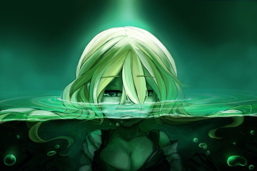 1girl blonde_hair breasts bubble cleavage female_focus gradient_background granitefire mermaid_swamp mouth_under_water ningyo_numa partially_underwater_shot sidelocks solo submerged underwater yamazaki_rin