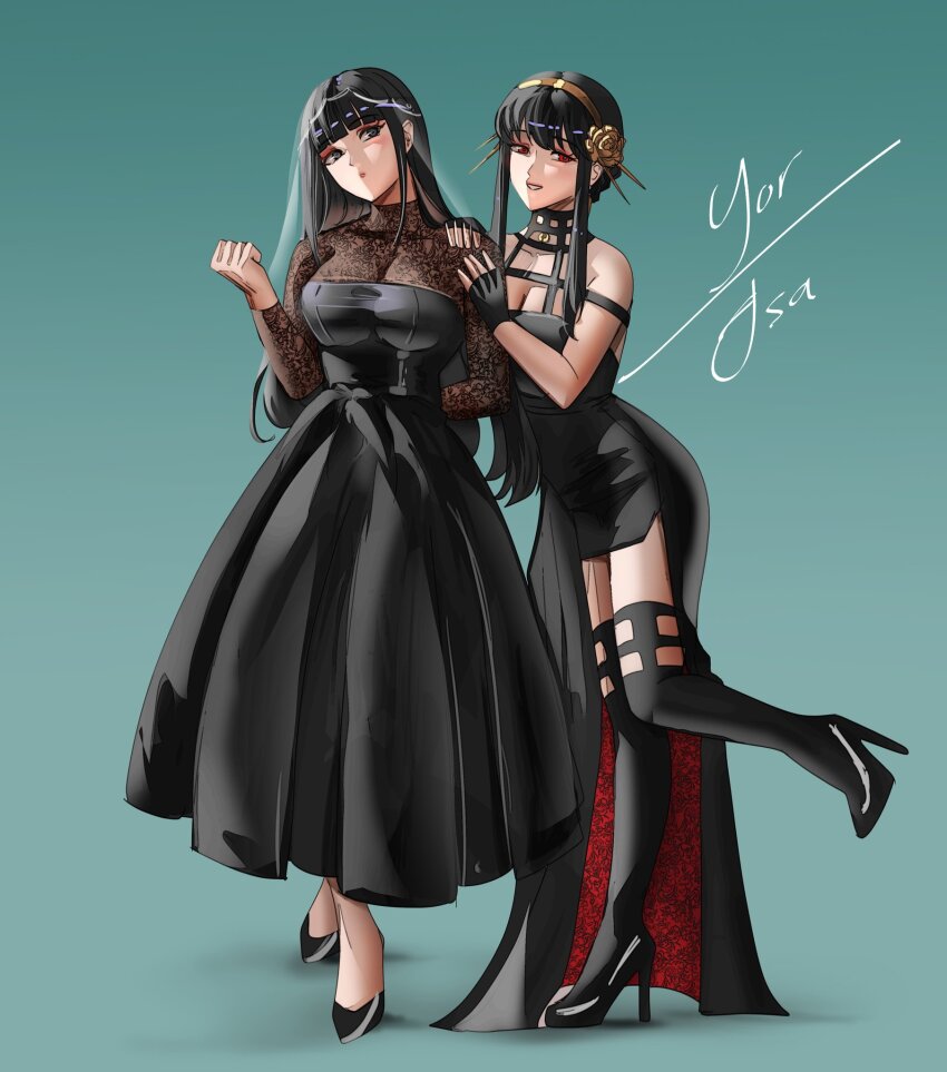 2girls black_boots black_dress black_hair black_thighhighs boots breasts character_name cleavage clenched_hand color_connection crossover dress female_focus full_body gold_hairband green_background grey_eyes grin hair_color_connection hair_ornament hairband hand_on_another&#039;s_shoulder hayami_saori high_heel_boots high_heels highres hime_cut long_hair looking_at_viewer multiple_girls notgustiarp osaragi_(sakamoto_days) red_eyes sakamoto_days short_hair_with_long_locks sidelocks simple_background smile spy_x_family standing standing_on_one_leg thigh_boots thighhighs trait_connection veil voice_actor_connection yor_briar