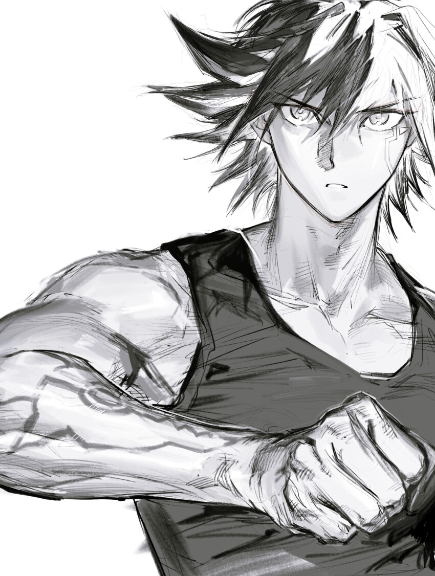 1boy absurdres clenched_hand facial_mark fudo_yusei greyscale highres male_focus medium_hair monochrome sennin_(inoinox) simple_background solo spiked_hair tank_top upper_body white_background yu-gi-oh! yu-gi-oh!_5d&#039;s
