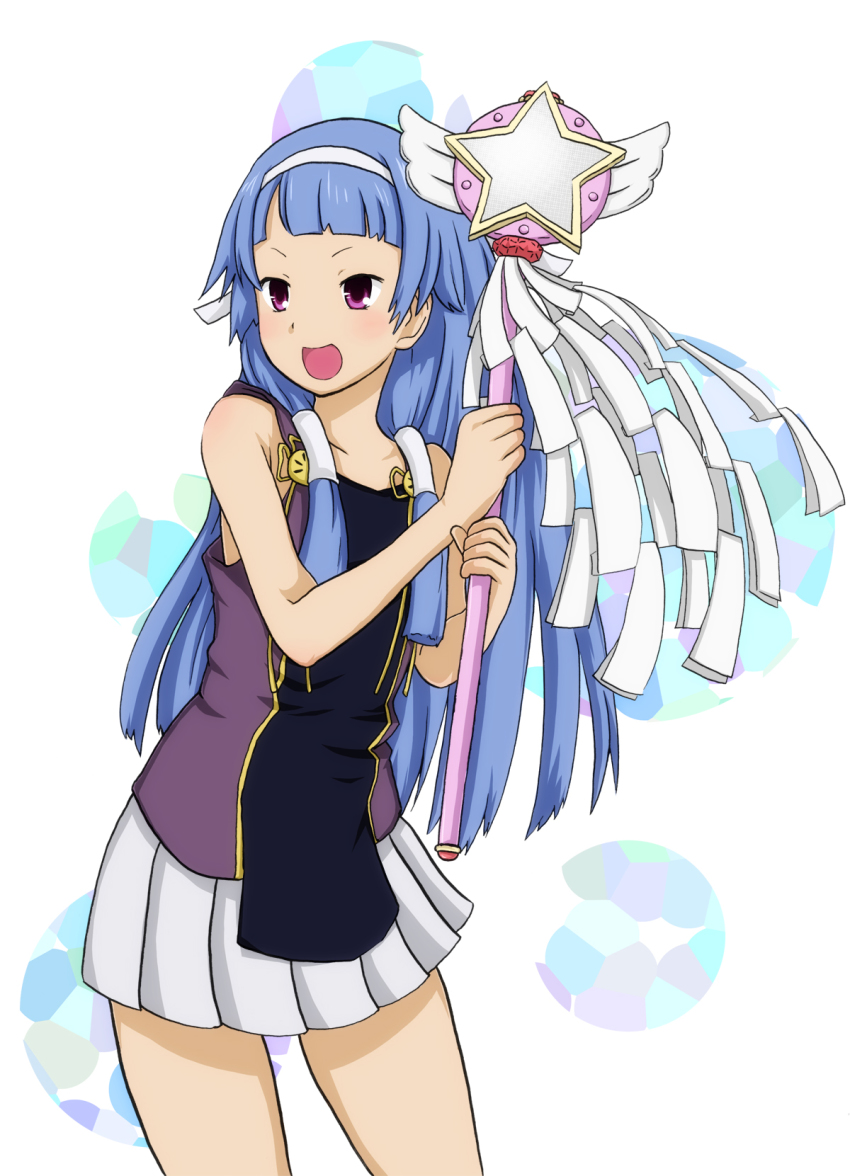 00s 1girl blue_hair blunt_bangs female_focus hair_tubes highres kannagi long_hair nagi pleated_skirt skirt solo tansan_otoko wand white_skirt