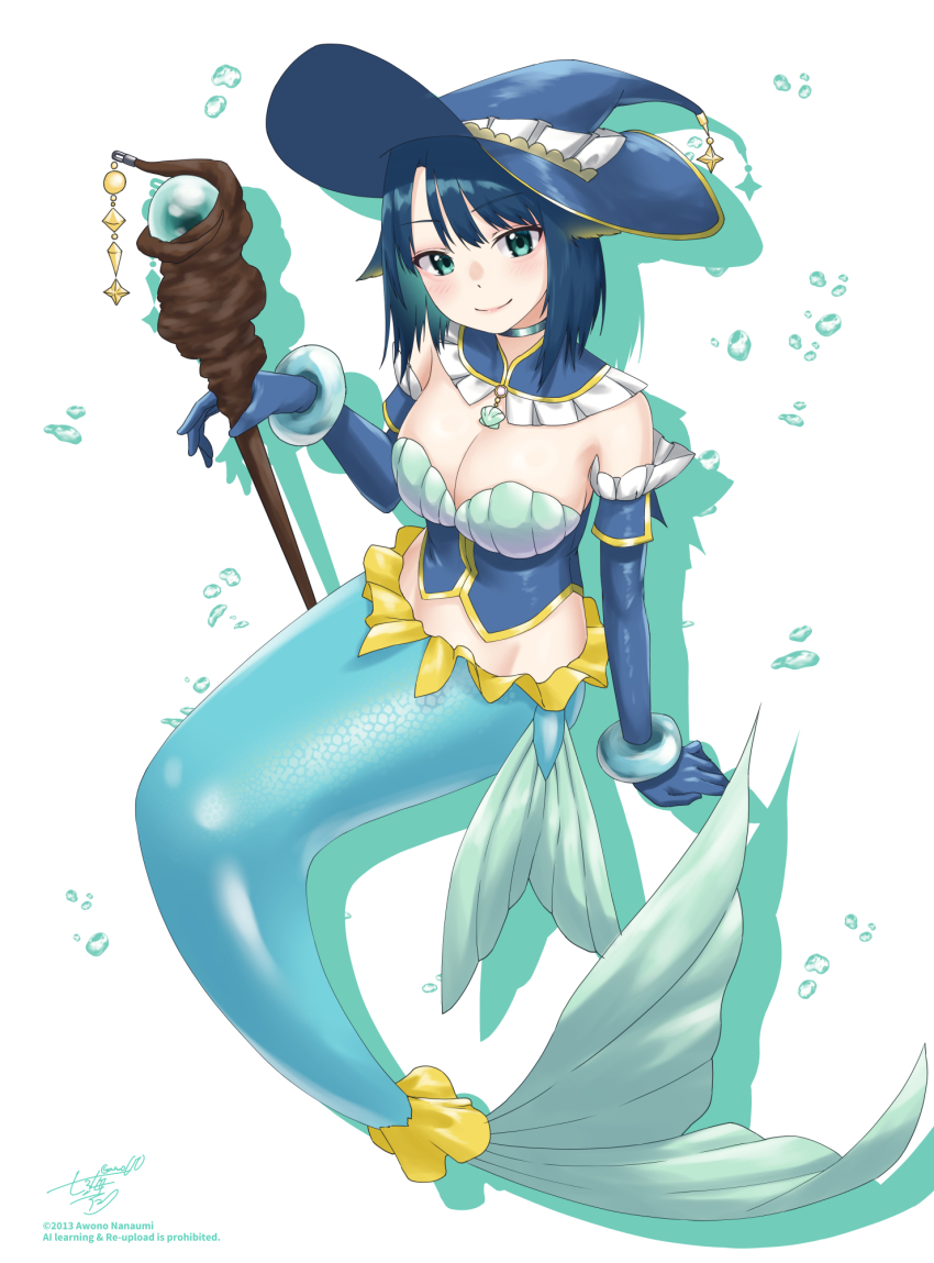 1girl air_bubble aqua_eyes artist_name awono_nanaumi bare_shoulders bikini blue_capelet blue_choker blue_gloves blue_hair blue_hat bodice bracer breasts bubble capelet choker cleavage closed_mouth commentary_request commission drop_shadow fins forked_tail frilled_capelet frills fukami_nana_(awono_nanaumi) full_body gloves groin hair_flaps hat highres holding holding_staff invisible_chair large_breasts looking_at_viewer mermaid midriff monster_girl original scales shadow shell shell_bikini short_hair sidelocks signature sitting skeb_commission smile solo staff tail three-quarter_sleeves white_background witch witch_hat