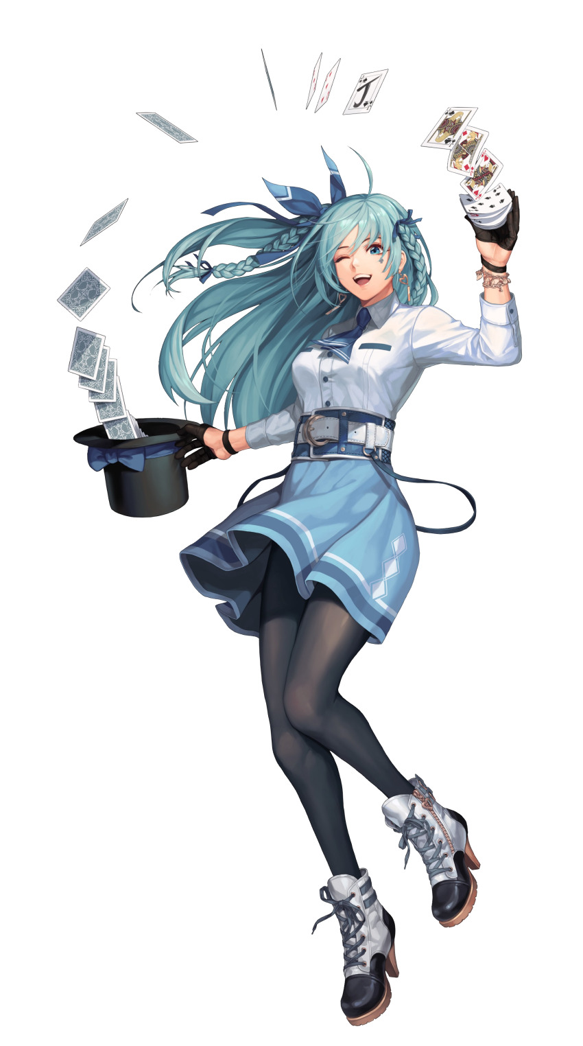 absurdres aqua_hair arm_up belt black_pantyhose black_survival blue_necktie blue_skirt braid card collared_shirt emma_hardy full_body gloves hair_between_eyes half_gloves hat highres holding holding_card long_hair necktie official_art pantyhose playing_card shirt skirt top_hat transparent_background white_shirt