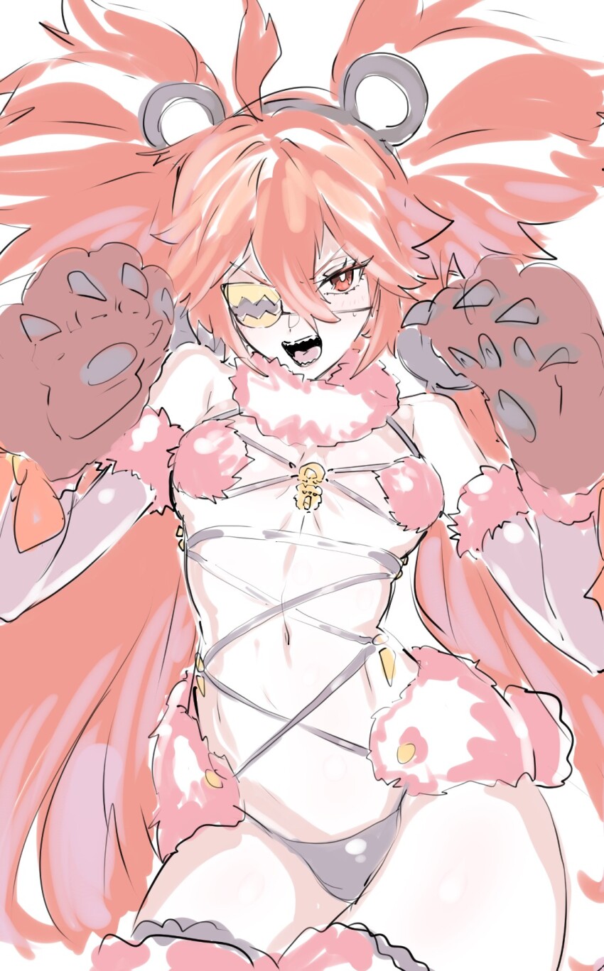 1girl alternate_costume eyepatch highres koleda_belobog looking_at_viewer mogi_yasunobu moginiki open_mouth red_eyes red_hair simple_background solo twintails white_background zenless_zone_zero