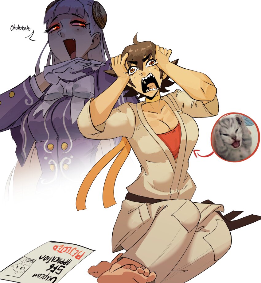 2girls absurdres barefoot black_hair breasts capcom cat cat_covering_ears_(meme) cleavage crying crying_with_eyes_open despair english_text fang feet gloves hands_on_own_head headband highres ingrid_(capcom) japanese_clothes large_breasts laughing legs long_hair makoto_(street_fighter) meme multiple_girls ojou-sama_pose red_eyes rejection short_hair sitting solo street_fighter tears teeth thighs tongue white_hair