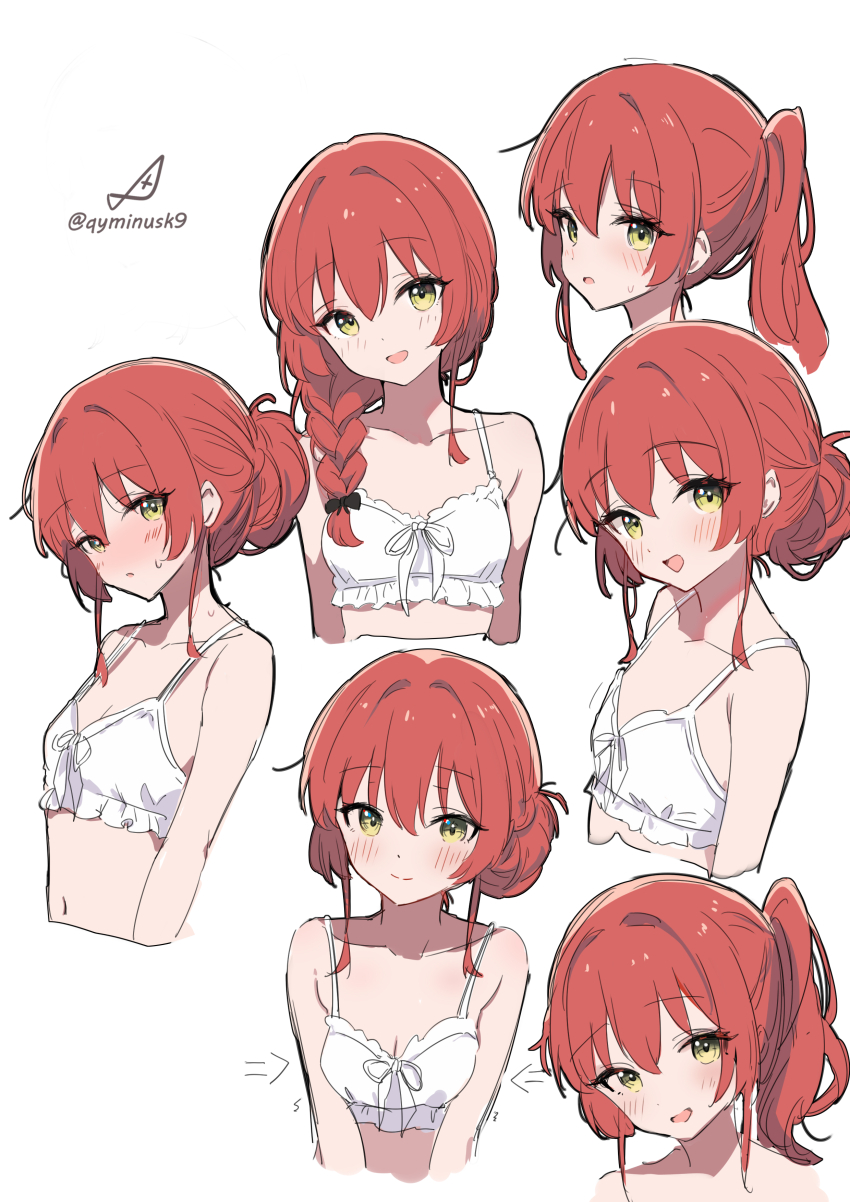 1girl absurdres alternate_hairstyle artist_logo artist_name bikini bocchi_the_rock! braid breasts closed_mouth collarbone commentary frilled_bikini_top green_eyes hair_bun highres kita_ikuyo logo long_hair looking_at_viewer minusk9 multiple_views open_mouth ponytail red_hair side_ponytail simple_background single_braid single_hair_bun small_breasts smile swimsuit twitter_username white_background white_bikini