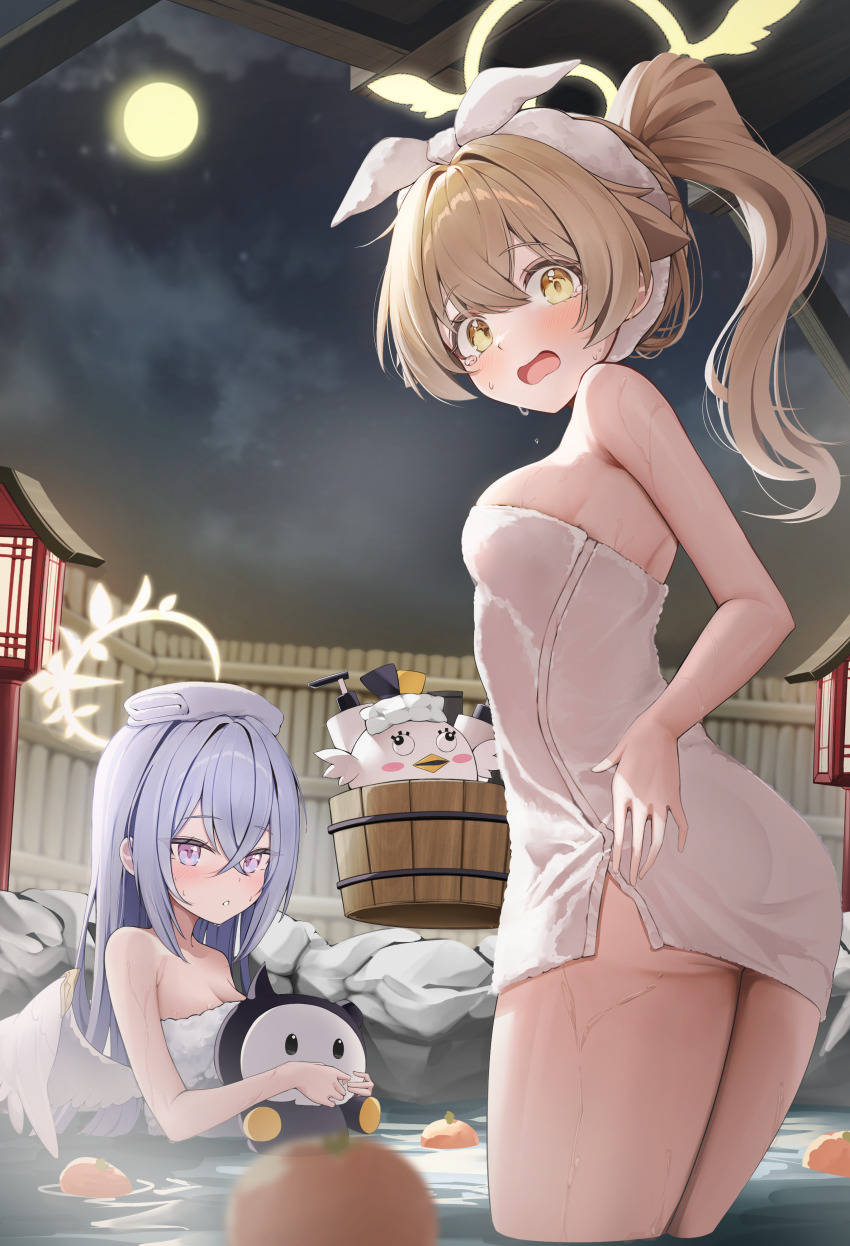 2girls absurdres alternate_costume angel_wings azusa_(blue_archive) bamboo_fence bath blue_archive blush bucket commentary_request crescent_halo feathered_wings fence halo hifumi_(blue_archive) highres hooming_illust looking_at_viewer multiple_girls naked_towel onsen open_mouth partially_submerged peroro_(blue_archive) rock same-sex_bathing shared_bathing steam stuffed_animal stuffed_bird stuffed_toy tokkuri towel towel_on_head water wet white_wings winged_halo wings wooden_bucket yellow_halo