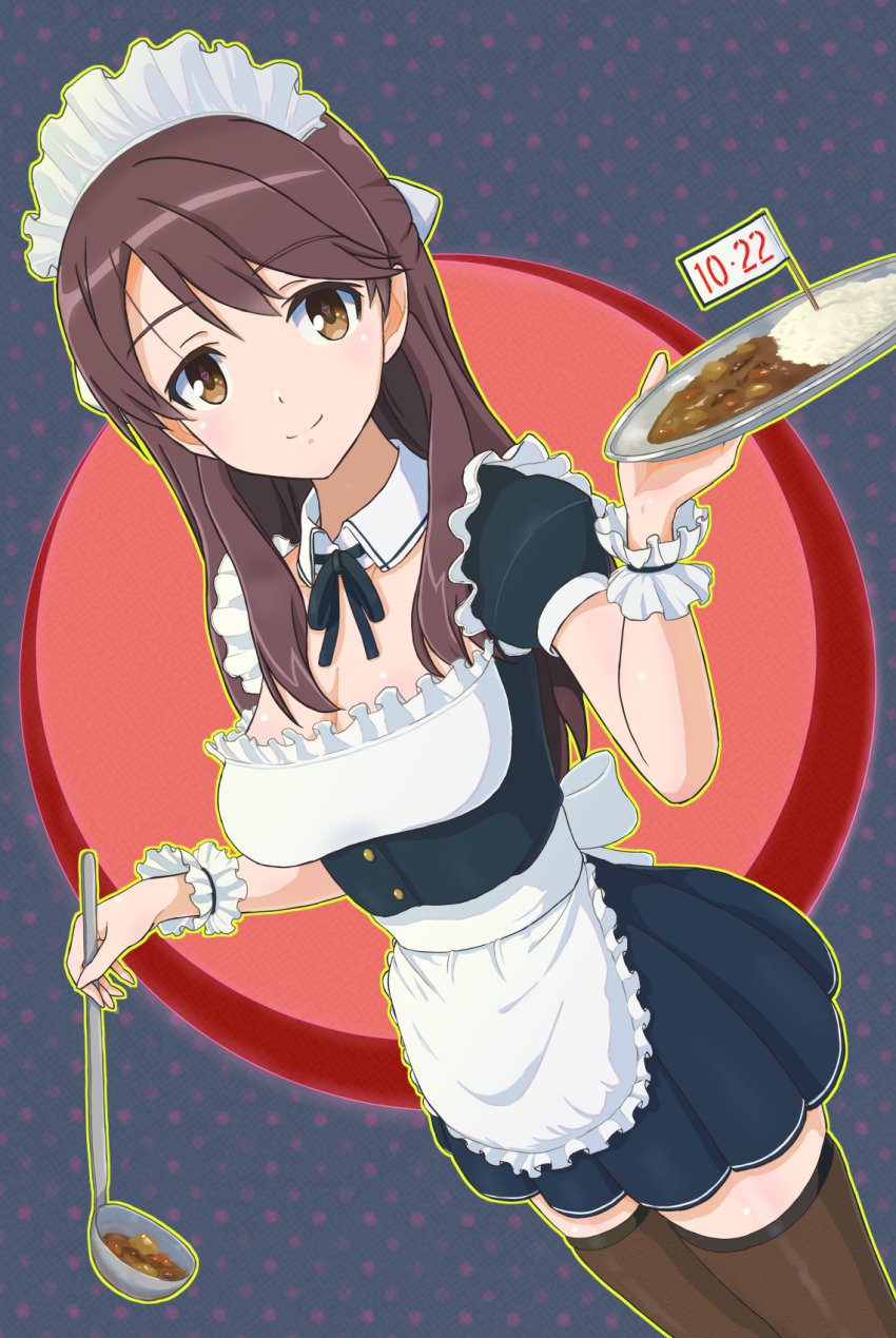1girl blush brave_witches breasts brown_eyes brown_hair brown_thighhighs cleavage closed_mouth curry curry_rice food highres karibuchi_takami keicha_(kmoekaki) ladle large_breasts long_hair looking_at_viewer maid maid_headdress rice smile solo thighhighs world_witches_series