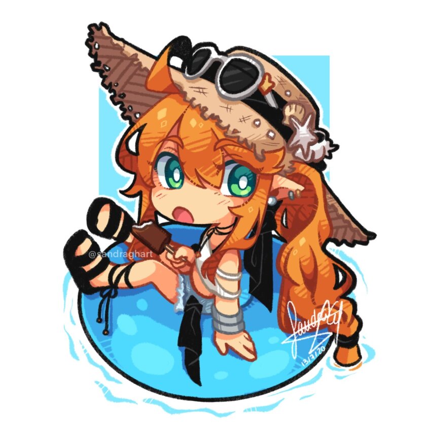 1girl bare_shoulders bite_mark black_lace_trim chibi commentary cutoffs english_commentary food full_body hair_ornament hat highres holding holding_food holding_ice_cream holding_popsicle holding_swim_ring ice_cream ice_cream_bar innertube jewelry long_hair navel orange_hair original pointy_ears popsicle ring sandragh shell signature solo starfish sun_hat sunglasses swim_ring very_long_hair watch watermark