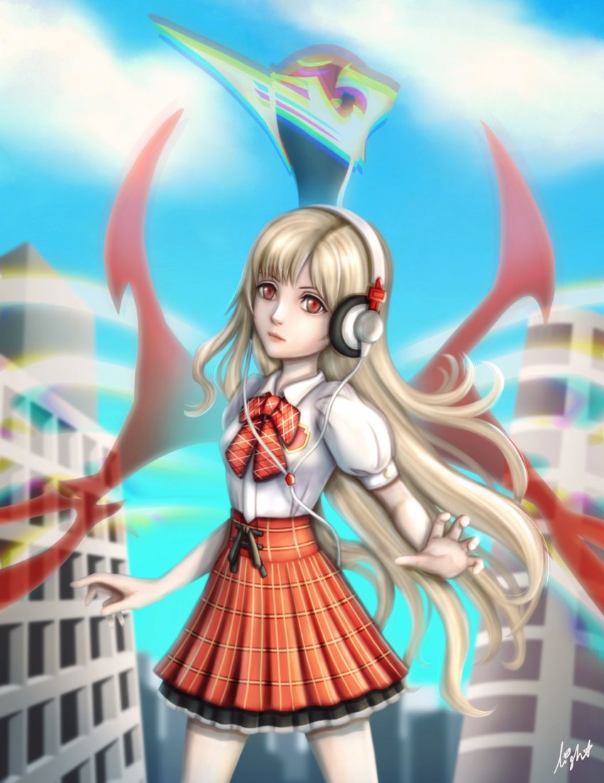 1girl alternate_form blue_sky brown_eyes building eyebrows female_focus grey_hair headphones highres lips long_hair looking_at_viewer matsunae_tsugumi monster outdoors plaid_clothes plaid_skirt red_skirt school_uniform shin_subarashiki_kono_sekai shirt shirt_tucked_in skirt sky solo standing subarashiki_kono_sekai two-tone_skirt white_shirt