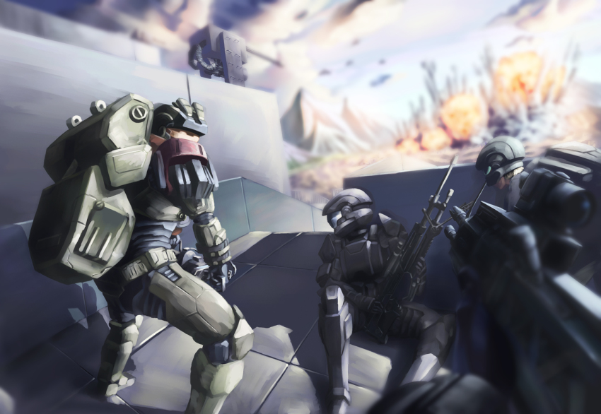 3boys anti-materiel_rifle armor assault_rifle bad_id bad_pixiv_id bag battle battle_rifle bullpup explosion gatling_gun gun halo:_reach halo_(game) halo_(series) helmet hironi hironii_(hironi3) jorge-052 machine_gun male_focus marksman_rifle multiple_boys odst power_suit rifle sniper_rifle spacecraft spartan spartan-b312 weapon