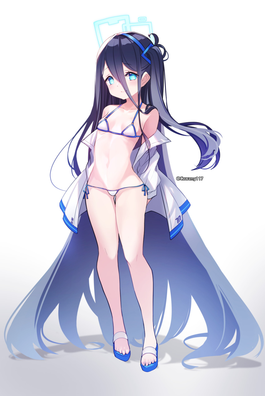 1girl aris_(blue_archive) bare_legs bare_shoulders bikini blue_archive blue_eyes blue_hair breasts cawang closed_mouth collarbone full_body hair_between_eyes halo highres jacket long_hair long_hair_between_eyes looking_at_viewer lowleg lowleg_bikini micro_bikini revision sandals side-tie_bikini_bottom side_ponytail simple_background small_breasts solo standing stomach swimsuit thigh_gap twitter_username very_long_hair white_background white_bikini white_jacket