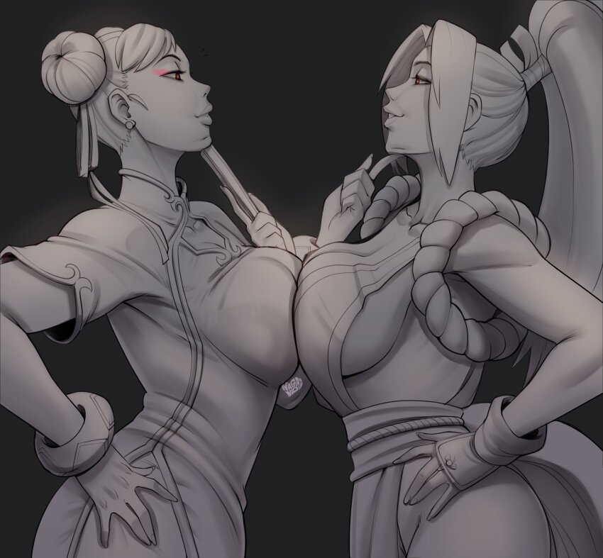2girls absurdres akiman_pose bad_tag belly-to-belly bracelet breast_contest breast_press breasts brown_eyes brown_hair capcom china_dress chinese_clothes chun-li confrontation crossover double_bun dress earrings eye_contact face-to-face faceoff fatal_fury hair_bun highres jewelry large_breasts long_hair looking_at_another monochrome motoyui multiple_girls nagainosfw ponytail rivalry shiranui_mai snk street_fighter street_fighter_6 symmetrical_docking