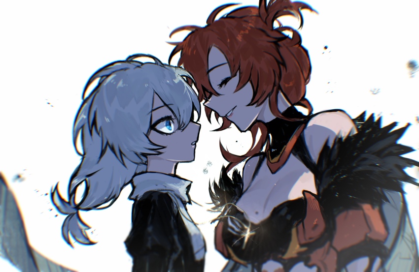 2girls absurdres armored_leotard bare_shoulders black_dress blue_eyes breasts cleavage dress fur_collar grin highres honkai_(series) honkai_impact_3rd large_breasts leotard long_hair mole mole_on_breast multiple_girls murata_himeko murata_himeko_(vermillion_knight) nightglow_(user_hjnj3734) nun off_shoulder red_hair red_leotard simple_background smile teeth theresa_apocalypse theresa_apocalypse_(valkyrie_pledge) white_background white_hair