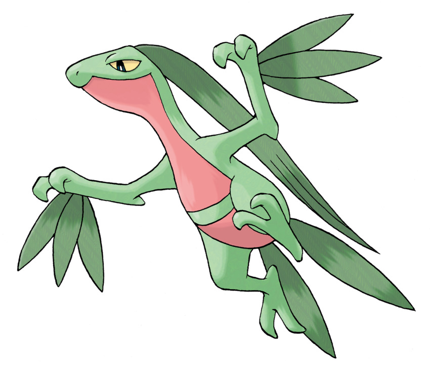 closed_mouth full_body gen_3_pokemon grovyle highres nintendo official_art pokemon pokemon_(creature) pokemon_focus pokemon_rse smile solo sugimori_ken third-party_source transparent_background