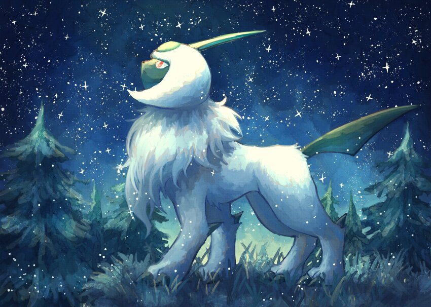 7_phi_3 absol commentary_request full_body gen_3_pokemon grass head_wings highres looking_up night nintendo outdoors pokemon pokemon_(creature) red_eyes solo star_(sky) tree white_fur wings