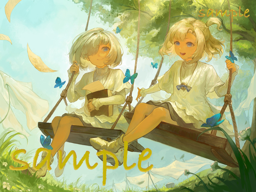 2girls :d aged_down blonde_hair blue_butterfly blue_eyes blue_sky book boots bug butterfly day dress drying drying_clothes fisheye flying_paper grass hair_over_one_eye hegai highres holding holding_book hugging_book hugging_object insect layered_sleeves long_sleeves looking_at_viewer matilda_bouanich medium_hair multiple_girls oc_x_canon on_swing one_eye_covered one_side_up open_mouth original outdoors paper reverse:1999 sample_watermark short_dress short_over_long_sleeves short_sleeves sitting sky smile swing swinging_on_swing tree watermark white_boots white_dress white_hair