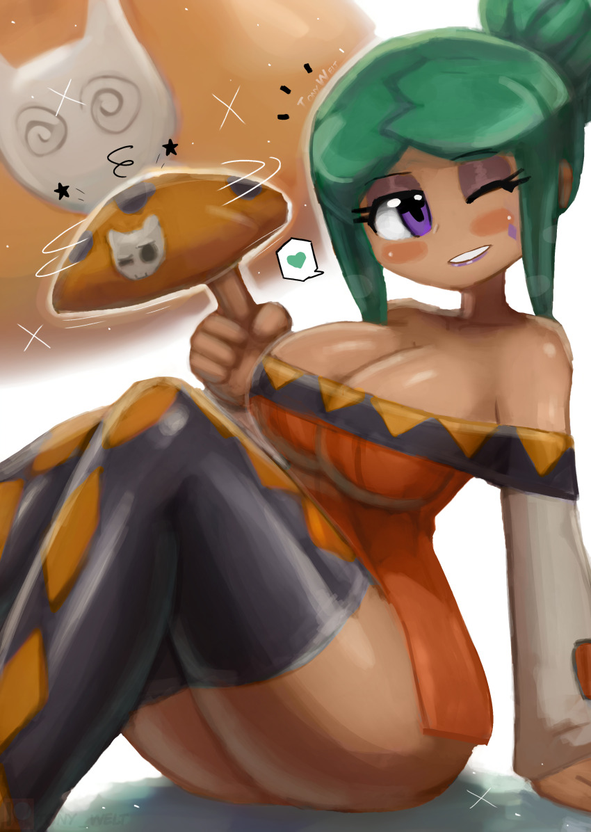 1girl @_@ absurdres arm_support black_thighhighs blush breasts cerebella_(skullgirls) cleavage collarbone dark_skin diamond_facial_mark diamond_on_cheek dizzy dress facial_mark green_hair grin hat heart highres large_breasts long_hair long_sleeves looking_at_viewer off-shoulder_dress off_shoulder one_eye_closed orange_dress orange_hat ponytail purple_eyes purple_lips sidelocks sitting skull skullgirls smile sparkle speech_bubble spoken_heart star_(symbol) teeth thick_thighs thighhighs thighs tony_welt twirling_hat unworn_hat unworn_headwear vice-versa_(skullgirls) wide_hips wink
