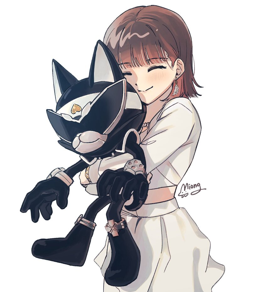 1boy 1girl armor avataro_sentai_donbrothers black_armor black_bodysuit black_helmet bodysuit brown_hair carrying carrying_person closed_eyes helmet highres inubrother miong_(kisa507) shirt short_hair signature simple_background skirt sononi_(donbrothers) super_sentai tokusatsu white_background white_shirt white_skirt