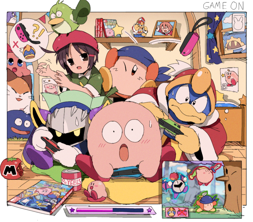 :d :o ^_^ adeleine amiibo angry armor bandana bandana_waddle_dee bed bendedede beret blue_bandana blue_eyes blue_sky blush border bow brown_eyes brown_hair can cape chuchu_(kirby) closed_eyes closed_mouth cloud collared_shirt commentary controller coo_(kirby) copy_ability curtains cushion day doorway drawing english_commentary figure fur-trimmed_jacket fur_trim game_controller gloves gooey_(kirby) green_headwear green_shirt hair_ornament hairclip hands_up hat highres holding holding_controller holding_game_controller holding_polearm holding_sword holding_weapon indoors jacket joy-con king_dedede kirby kirby&#039;s_return_to_dream_land_deluxe kirby_(series) long_sleeves magolor mask maxim_tomato meta_knight nago_(kirby) nintendo on_floor one_eye_closed open_clothes open_jacket open_mouth outside_border paper parted_bangs pauldrons picture_frame pillow pitch_(kirby) playing_games pointing polearm red_bow red_headwear red_jacket ribbon_(kirby) shelf shirt short_hair short_sleeves shoulder_armor sidelocks sitting sky smile spear speech_bubble star_(symbol) star-shaped_pillow star_print string_of_flags sweatdrop sword sword_kirby tomato tree v-shaped_eyebrows video_game weapon whispy_woods white_border white_gloves wide-eyed window wooden_floor yellow_eyes