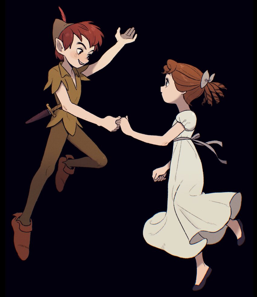 1boy 1girl black_background black_shoes boots bow brown_boots brown_hair couple dagger dress floating green_hat green_pantyhose green_tunic grey_bow hair_bow hand_up hat hat_feather hetero highres holding_hands knife kumao_(uexxww) long_dress open_mouth pantyhose peter_pan_(character) pointy_ears pointy_hat ponytail puffy_short_sleeves puffy_sleeves ringlets shoes short_hair short_sleeves smile tunic walt_disney&#039;s_peter_pan weapon wendy_darling white_dress
