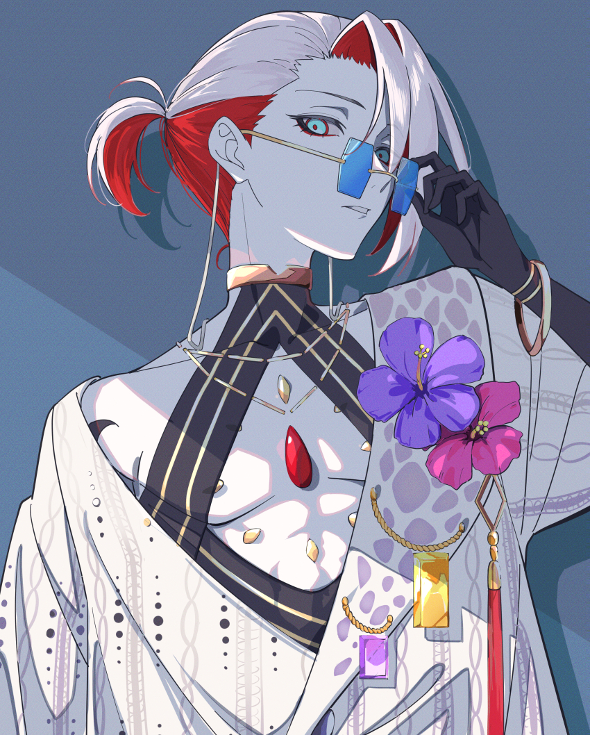1boy absurdres adjusting_eyewear anianiani0607 blue-tinted_eyewear blue_eyes bracelet chest_jewel collarbone colored_inner_hair eyeshadow eyeshadow_under_eye fate/grand_order fate_(series) film_grain flower gem gold_bracelet gold_choker gold_necklace hibiscus highres jewelry karna_(fate) karna_(summer_outfit)_(fate) makeup male_focus multicolored_hair necklace official_alternate_costume official_alternate_hairstyle pale_skin purple_gemstone red_eyeshadow red_hair shirt solo sunglasses tinted_eyewear two-tone_hair upper_body white_hair white_shirt yellow_gemstone