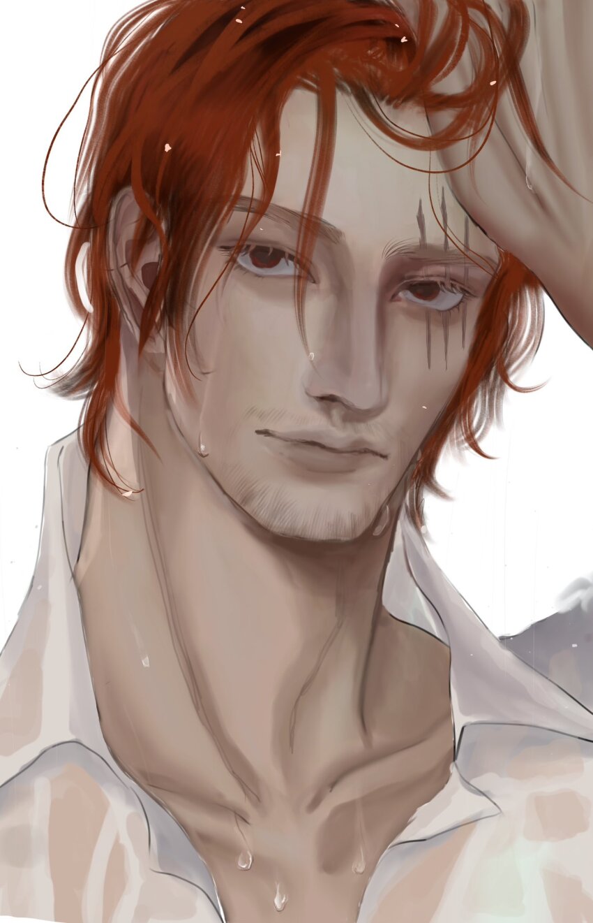 1boy beard_stubble close-up closed_mouth collared_shirt commentary_request facial_hair hand_in_own_hair highres looking_at_viewer male_focus one_piece red_eyes red_hair rihirihi613 scar scar_on_face shanks_(one_piece) shirt short_hair simple_background solo stubble upper_body white_background