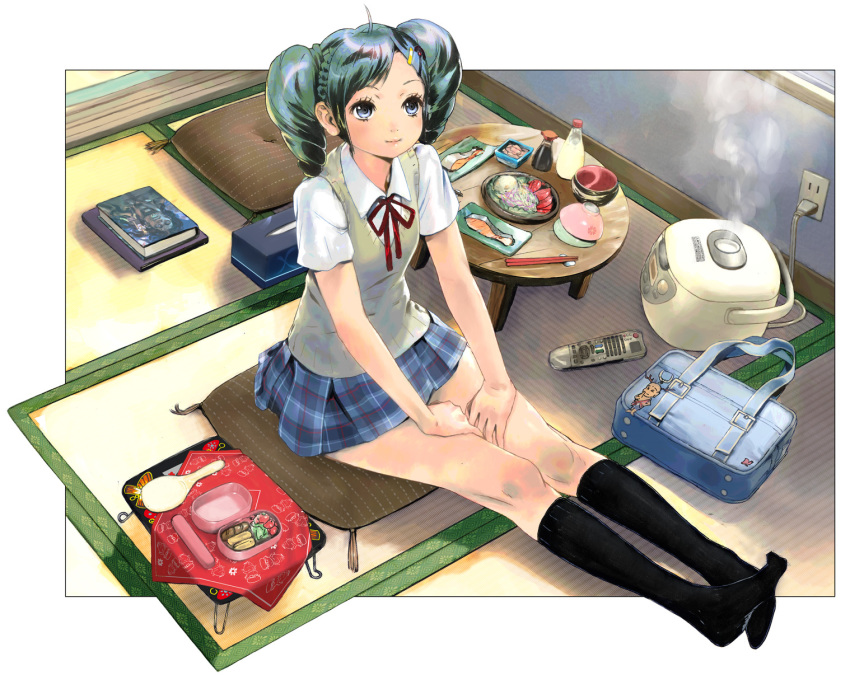 1girl ahoge aqua_hair bag bento black_hair black_socks blue_eyes blue_hair book bowl capcom charm_(object) chopsticks controller drill_hair female_focus fish food grey_eyes hair_ornament hairclip hands_on_lap highres hugo_andore kneehighs long_hair looking_up matching_hair/eyes miniskirt multicolored_hair original outside_border pillow plaid_clothes plaid_skirt pleated_skirt remote_control ribbon rice_bowl rice_cooker school_bag school_uniform shamoji sitting skirt smile socks solo soy_sauce spoon street_fighter street_fighter_iii_(series) sweater sweater_vest tatami tissue tissue_box two-tone_hair vest yasuda_akira