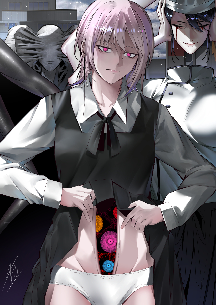 1boy 2girls absurdres aging_devil_(chainsaw_man) asarizer black_dress black_skirt blood bloody_tears chainsaw_man chef chef_hat city closed_mouth clothes_lift collared_shirt death_devil_(chainsaw_man) dress dress_lift earrings falling_devil_(chainsaw_man) fourth_east_high_school_uniform hat highres holding_detached_head jewelry lifting_own_clothes mole mole_under_eye mole_under_mouth multiple_girls multiple_moles nosebleed outdoors panties pinafore_dress purple_eyes purple_hair school_uniform severed_head shirt skirt sleeveless sleeveless_dress spoilers underwear white_panties white_shirt