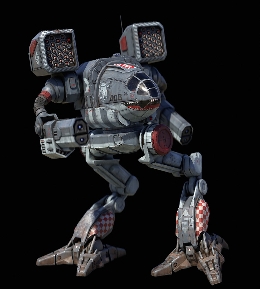 3d arm_cannon battletech black_background commentary concept_art energy_cannon english_commentary fangs highres machinery mad_cat_(battletech) mecha missile_pod no_humans nose_art radio_antenna realistic robot roundel science_fiction shark_nose_art solo vertexnormal walker_(robot) weapon window wolf