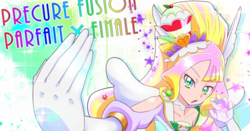 1girl animal_ears blonde_hair blue_eyes boots cure_finale cure_parfait delicious_party_precure dress earrings elbow_gloves fake_animal_ears food-themed_hair_ornament fusion gloves gradient_eyes green_eyes hair_ornament in-franchise_crossover jewelry kasai_amane kirahoshi_ciel kirakira_precure_a_la_mode long_hair multicolored_eyes multicolored_hair pegasus_wings pink_hair ponytail precure pururun_z solo sparkling_eyes third-party_source unofficial_precure_costume white_gloves wings