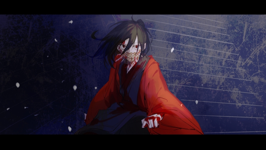 1boy bandages black_eyes black_hair black_hanfu bleeding blood blood_on_clothes blood_on_face blood_on_hands blood_on_neck chinese_clothes chinese_commentary coat dao_gui_yi_xian fajiaoshao falling_petals hair_between_eyes hair_bun half_updo hanfu highres injury letterboxed li_huowang long_hair long_sleeves looking_at_viewer male_focus mask open_clothes open_coat petals red_coat red_eyes robe single_hair_bun solo stairs wide_sleeves