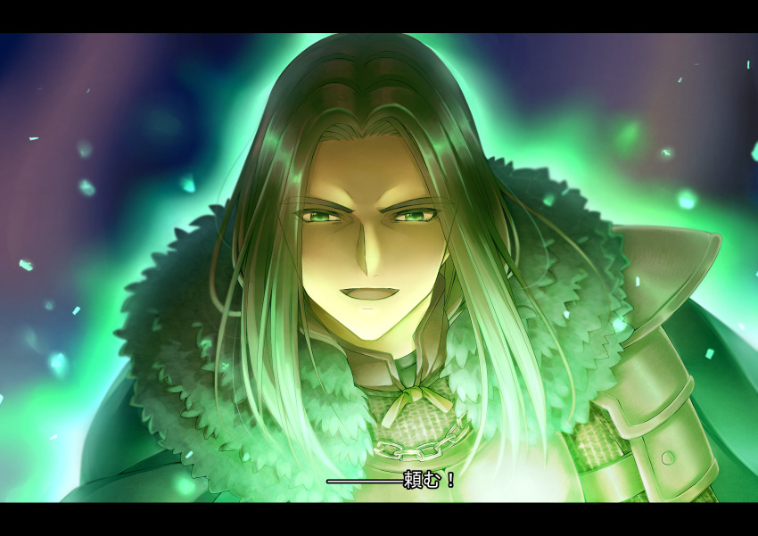 1boy :d armor black_border blue_background border brown_hair cape commentary_request dragon_quest dragon_quest_x fake_subtitles fur_shawl glowing green_eyes highres kuro11_222 letterboxed long_hair looking_at_viewer male_focus mature_male open_mouth padre_(dq10) parted_hair portrait purple_background scene_reference shawl smile solo translation_request