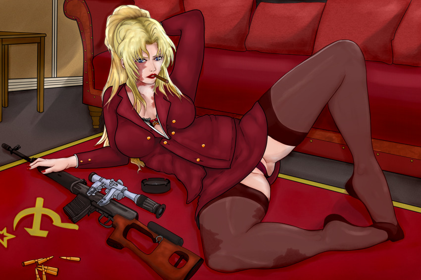 1girl balalaika_(black_lagoon) black_lagoon blonde_hair blue_eyes bo4a burn_scar cigar dragunov_svd formal_clothes gun highres jacket ponytail rifle scar skirt skirt_suit sniper_rifle solo soviet_flag suit thighhighs ussr weapon