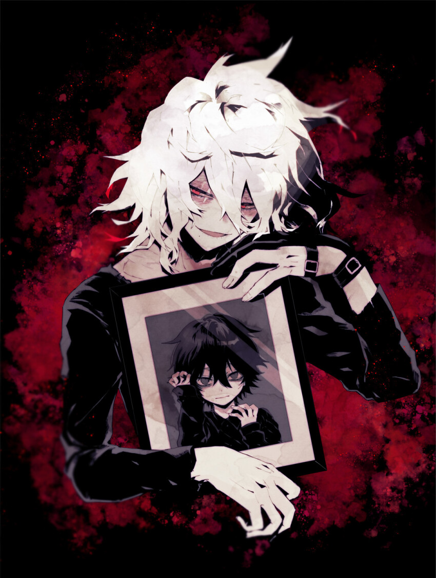 1boy anoko_(darenokoanoko) black_shirt boku_no_hero_academia drawing_(object) highres holding holding_drawing male_focus medium_hair picture_frame prosthetic_fingers red_eyes shigaraki_tomura shimura_tenko shirt solo white_hair wrinkled_skin