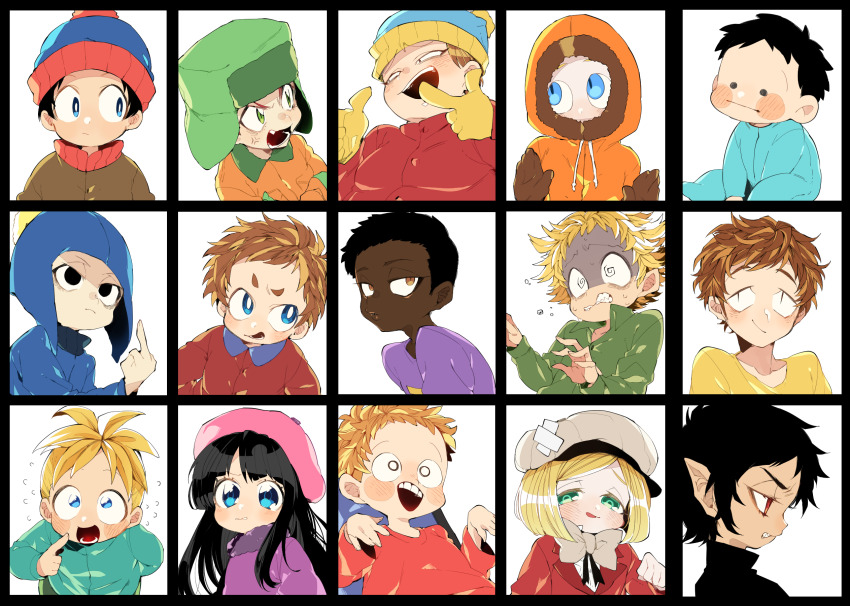 1girl 6+boys @_@ baby beanie beret black_eyes black_hair blonde_hair blue_eyes bow brown_eyes brown_hair butters_stotch chullo clyde_donovan constricted_pupils covered_mouth craig_tucker damien_thorn dark-skinned_male dark_skin eric_cartman fang fur-trimmed_hood fur_hat fur_trim gloves green_eyes haseko123 hat highres hood hood_up ike_broflovski index_finger_raised jimmy_valmer kenny_mccormick kyle_broflovski long_hair middle_finger multiple_boys open_mouth phillip_pirrup pointing pointing_at_another pointy_ears pom_pom_(clothes) pom_pom_beanie red_eyes shaded_face short_hair smile south_park stan_marsh sweat timmy_burch token_black tweek_tweak ushanka wendy_testaburger