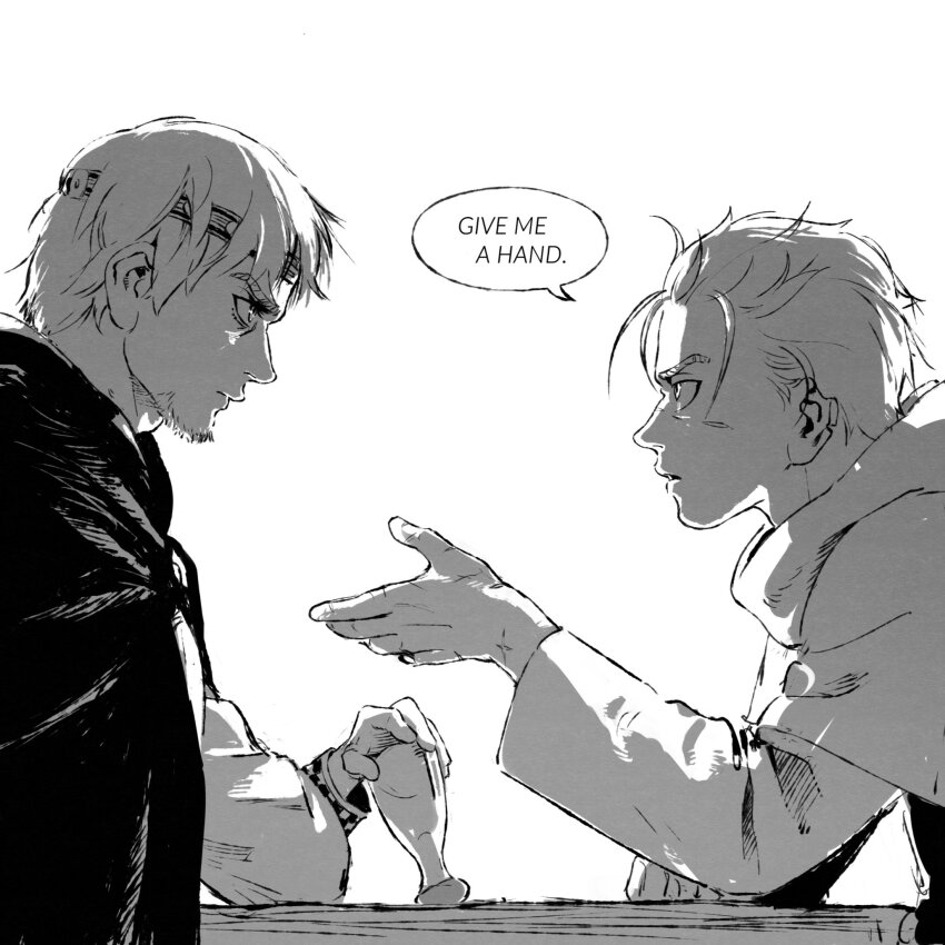 2boys beard canute chalice closed_mouth cup english_text facial_hair facial_scar headband holding holding_cup looking_at_another male_focus monochrome multiple_boys multiple_scars parted_lips phantomnotnot profile scar scar_on_cheek scar_on_face scar_on_hand short_hair simple_background speech_bubble thorfinn vinland_saga white_background