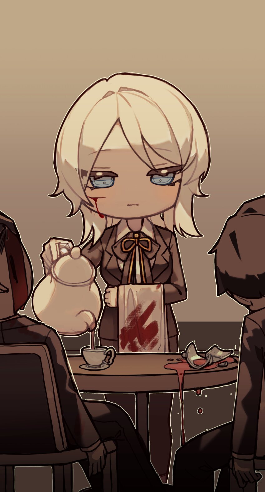 1girl 2boys absurdres blood blood_on_face blue_eyes bow bowtie broken_cup brown_bow brown_bowtie brown_jacket cup faust_(project_moon) gloves highres holding holding_towel jacket lapels limbus_company long_sleeves looking_down multiple_boys notched_lapels pouring project_moon short_hair table teacup teapot towel white_hair wuthering_heights_(identity)_(project_moon) xnol_xaxl