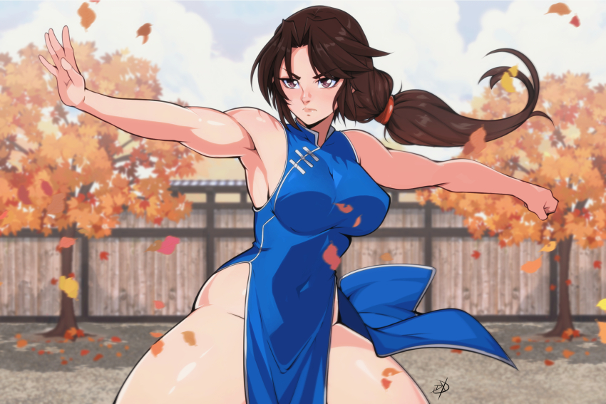 1girl autumn autumn_leaves bare_shoulders blue_dress blurry blurry_background breasts brown_eyes brown_hair china_dress chinese_clothes clenched_hand closed_mouth cloud cloudy_sky collared_dress commission covered_navel delux_drawings dress falling_leaves fence fighting fighting_stance hair_over_eyes hairband highres hong_xiu_ying large_breasts leaf long_hair looking_ahead muscular muscular_female open_hand outdoors parted_bangs pelvic_curtain red_hairband second-party_source serious shenmue shenmue_ii shenmue_the_animation side_slit sidelocks signature sky solo thighs tree wooden_fence