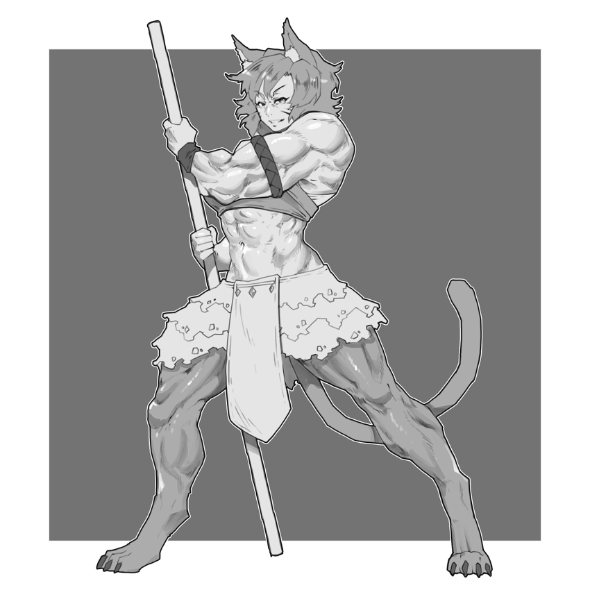 1girl abs animal_ears armlet barefoot border cat_ears cat_tail facial_mark furry furry_female grey_background greyscale highres holding holding_staff jewelry loincloth monochrome muscular muscular_female niandni original skirt smile solo staff tail tribal whisker_markings white_border