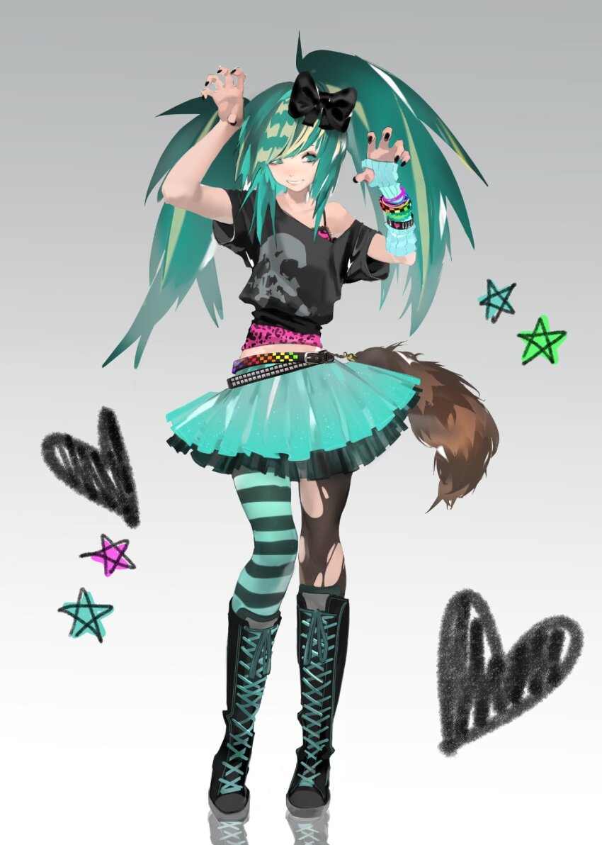 1girl animal_print aqua_hair aqua_skirt asymmetrical_legwear belt belt_charm black_shirt bow charm_(object) commentary cute_x_subculture_hatsune_miku_design_contest english_commentary fashion fingerless_gloves flat_chest gao gloves hair_bow hatsune_miku highres leopard_print midriff_peek mismatched_legwear multicolored_hair raccoon_tails_(hairstyle) scene_cut scene_fashion shirt shoes single_glove skirt skull_print sneakers solo streaked_hair studded_belt tail_keychain tutu twintails vocaloid wristband zensoko