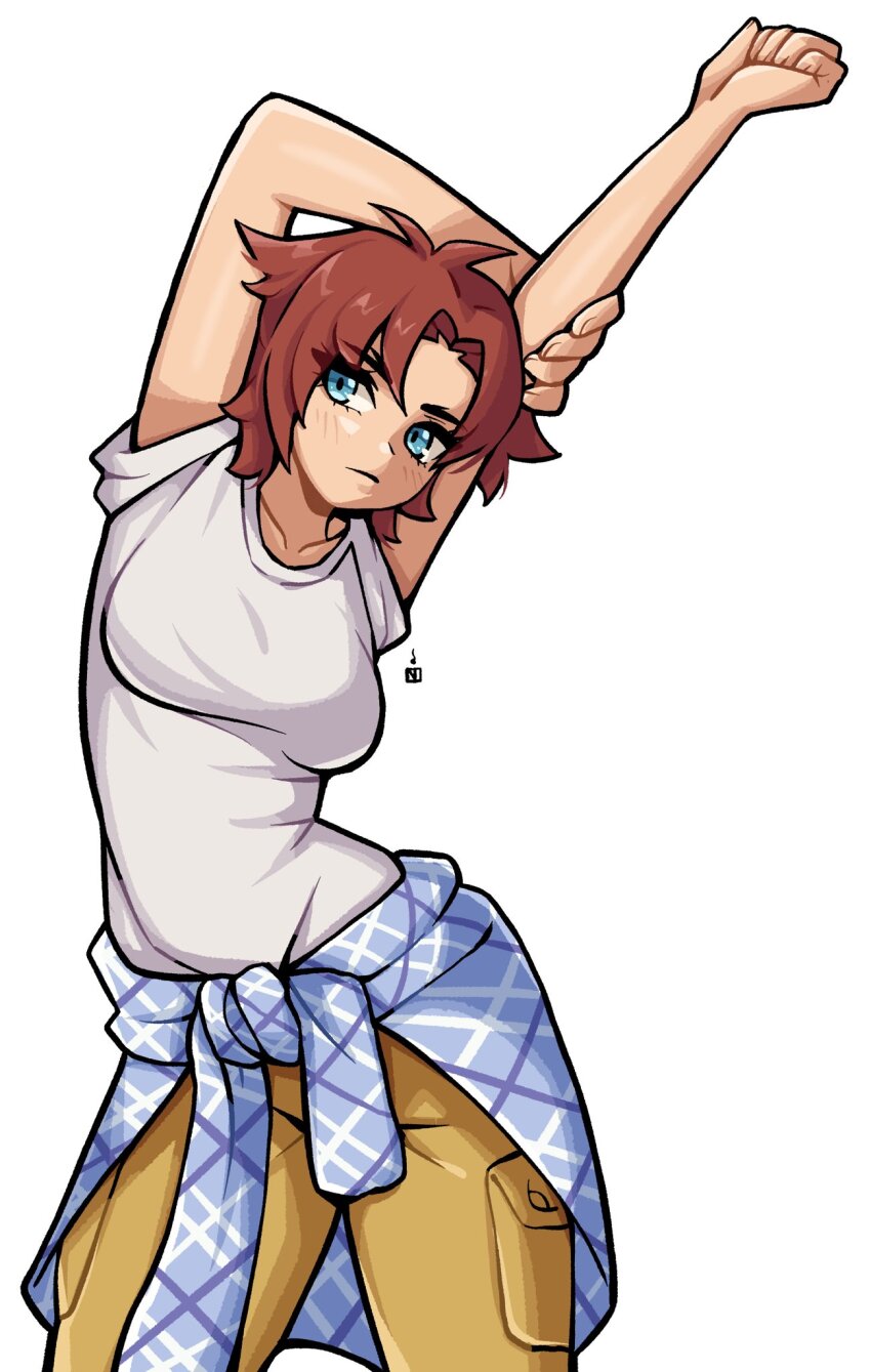 1girl arms_up blue_eyes breasts brown_hair closed_mouth clothes_around_waist commentary commission cowboy_shot english_commentary highres looking_at_viewer medium_breasts oninuer original pants shirt short_hair short_sleeves simple_background solo stretching white_background white_shirt yellow_pants